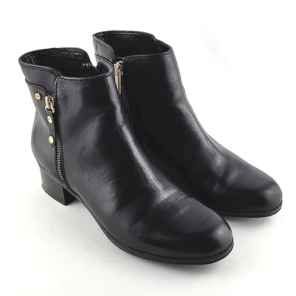 Bandolino Carrington Black Leather Ankle Boots Block Heel Gold Accents Size 6.5M - Picture 3 of 16